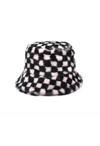Pale Pink Checkerboard Fluffy Bucket Hat