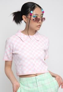 Pink Checkerboard Short Sleeve Knitted Tee