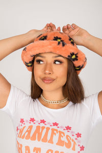 Peach Daisy Fluffy Bucket Hat