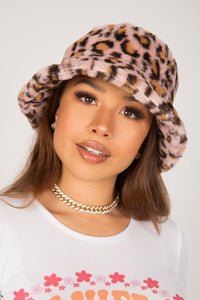Pale Pink Leopard Fluffy Bucket Hat