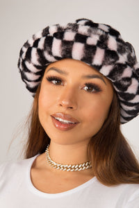 Pale Pink Checkerboard Fluffy Bucket Hat